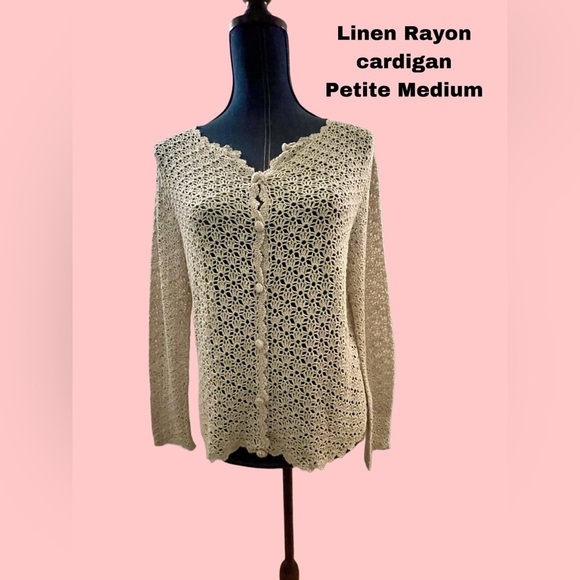 🌼Kate Hill Petite Medium Crochet Linen Blend Cardigan Cream Sweater Excellent - Picture 1 of 1